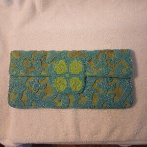IMAN Lime Green/Blue Beaded Clutch with Snap Closure.